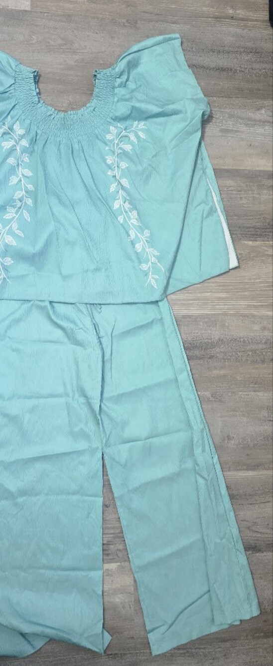 Women’s Aqua Embroidered Pant Suit - Lightweight Straight Leg